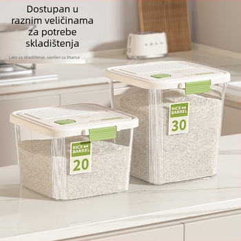 Prozirna kutija za skladištenje riže s preklopnim poklopcem, kapacitet 15 kg, čvrsti PP + silika gel, brtvljenje, zaštita od vlage i insekata, zapisivanje datuma, mogućnost tiska logotipa