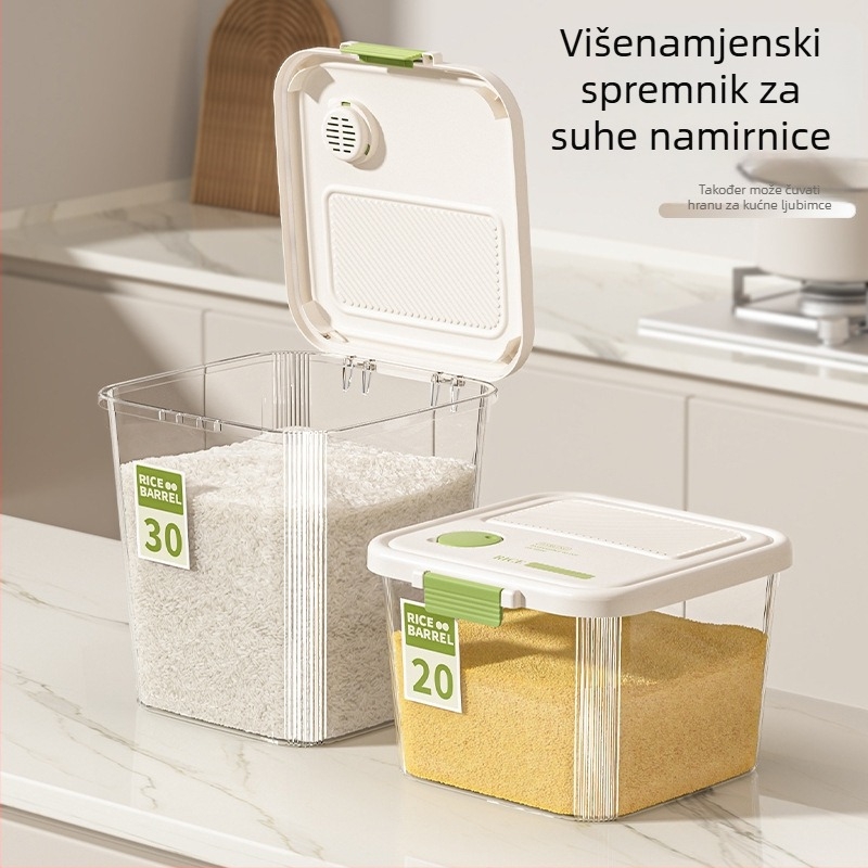 Prozirna kutija za skladištenje riže s preklopnim poklopcem, kapacitet 15 kg, čvrsti PP + silika gel, brtvljenje, zaštita od vlage i insekata, zapisivanje datuma, mogućnost tiska logotipa