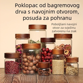 Staklena posuda za skladištenje od borosilikatnog stakla s poklopcem, posuda za čaj s navojem od akacije, vodootporna i s čvrstim zatvaranjem, kapacitet 301–500 ml
