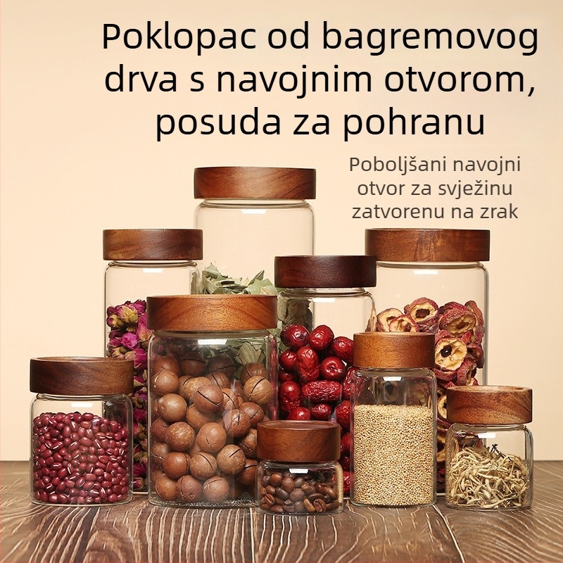 Staklena posuda za skladištenje od borosilikatnog stakla s poklopcem, posuda za čaj s navojem od akacije, vodootporna i s čvrstim zatvaranjem, kapacitet 301–500 ml