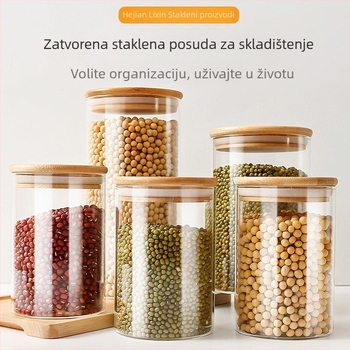 Borosilikatno staklena posuda s poklopcem od bambusa, okruglog oblika, kapacitet 1–2 L, moderni minimalistički kuhinjski spremnik
