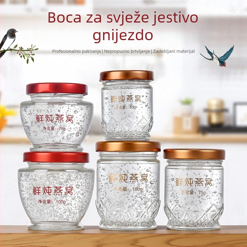 Bird's Nest spreman za konzumaciju u individualnim staklenim bocama, svježe kuhani Bird's Nest, boca s prehrambenom kvalitetom otporna na visoke temperature, pogodna za para i kuhanje