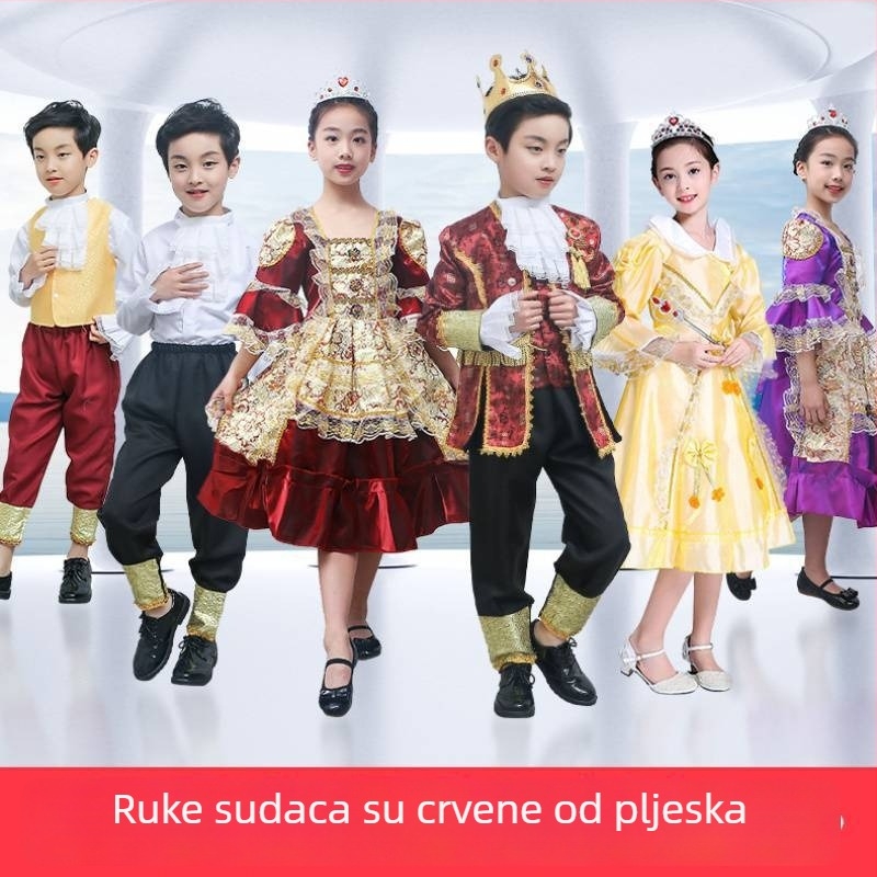 Dječja haljina princeze i kostim princa, europski dvorčanski set za kazališne predstave Pepeljuga, vinilon tkanina, sigurnosna razina C, za djecu preko 8 godina