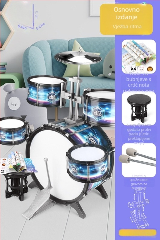 Dječji bubnjarski set za početnike — plastični zapadni perkusijski instrument, za djecu 4–6 godina, dimenzije 38×23,5×80 cm, 3C certifikat kod 2021152202035843