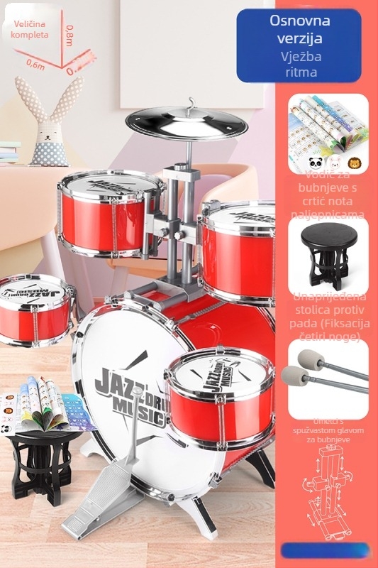 Dječji bubnjarski set za početnike — plastični zapadni perkusijski instrument, za djecu 4–6 godina, dimenzije 38×23,5×80 cm, 3C certifikat kod 2021152202035843