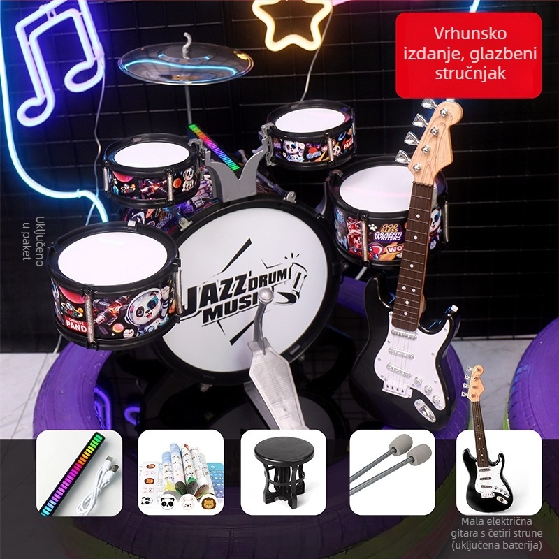 Dječji bubnjarski set za početnike — plastični zapadni perkusijski instrument, za djecu 4–6 godina, dimenzije 38×23,5×80 cm, 3C certifikat kod 2021152202035843