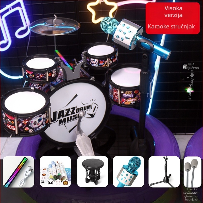 Dječji bubnjarski set za početnike — plastični zapadni perkusijski instrument, za djecu 4–6 godina, dimenzije 38×23,5×80 cm, 3C certifikat kod 2021152202035843