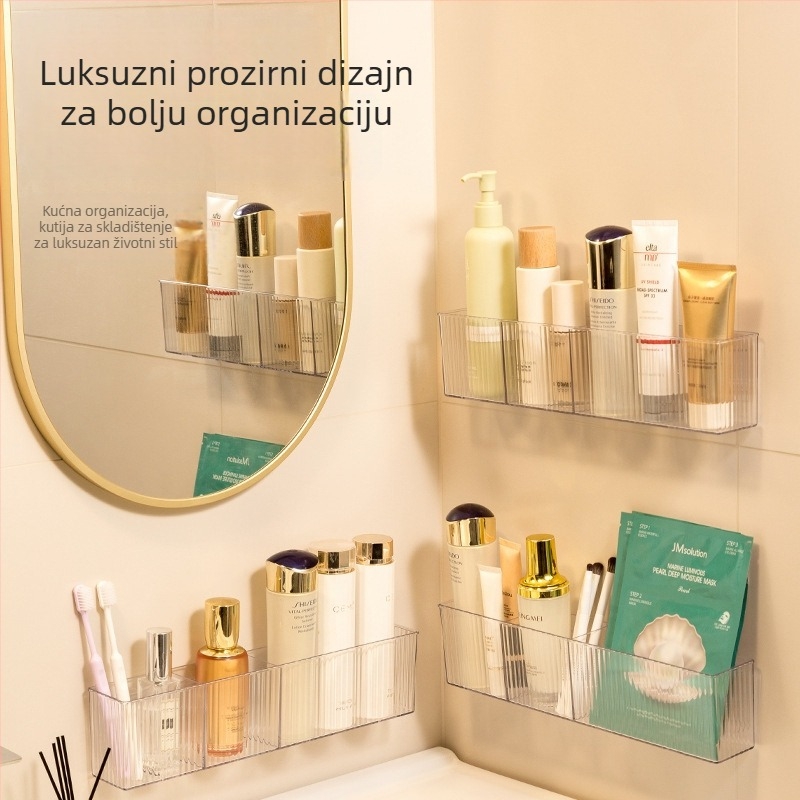 Stijenama montirana prozirna kutija za pohranu kozmetike u kupaonici, s odjeljcima, od PS plastike, kapacitet 2 L, otporna na prašinu