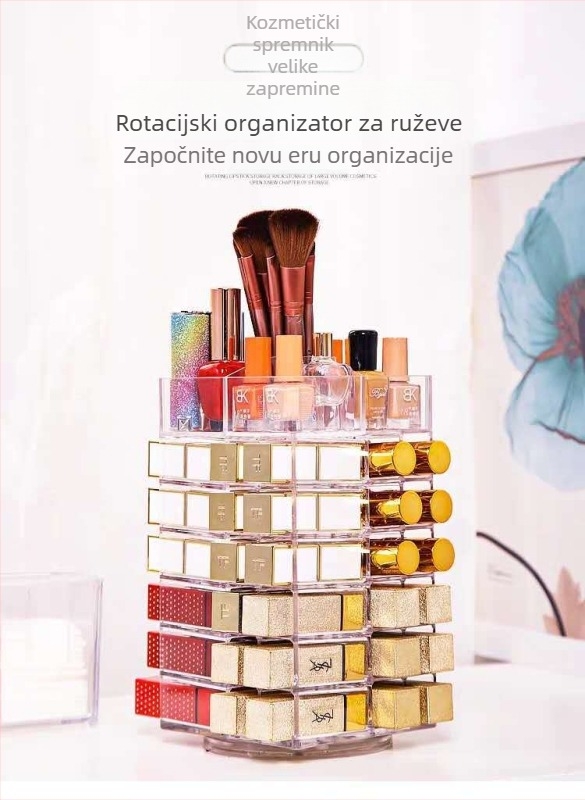 Držač za ruže na stolni kozmetički regál s 360° rotacijom, PS materijal, više od 3 sloja, za ruže i sjajeve za usne