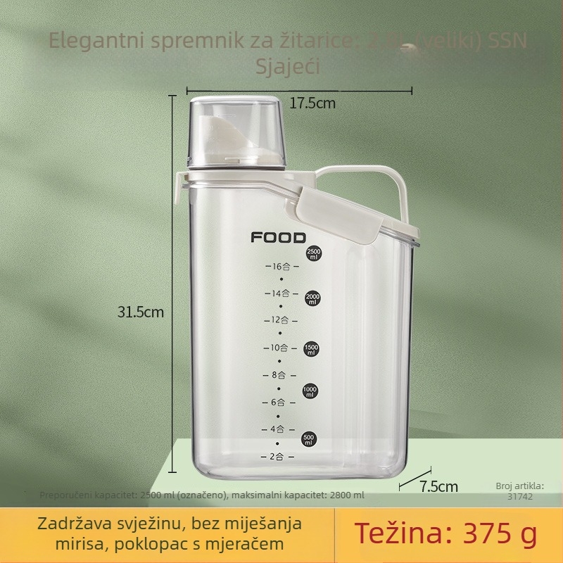 Plastična zatvorena posuda za skladištenje žitarica, otporna na vlagu, prehrambene kvalitete, kapacitet 2,1–3 L