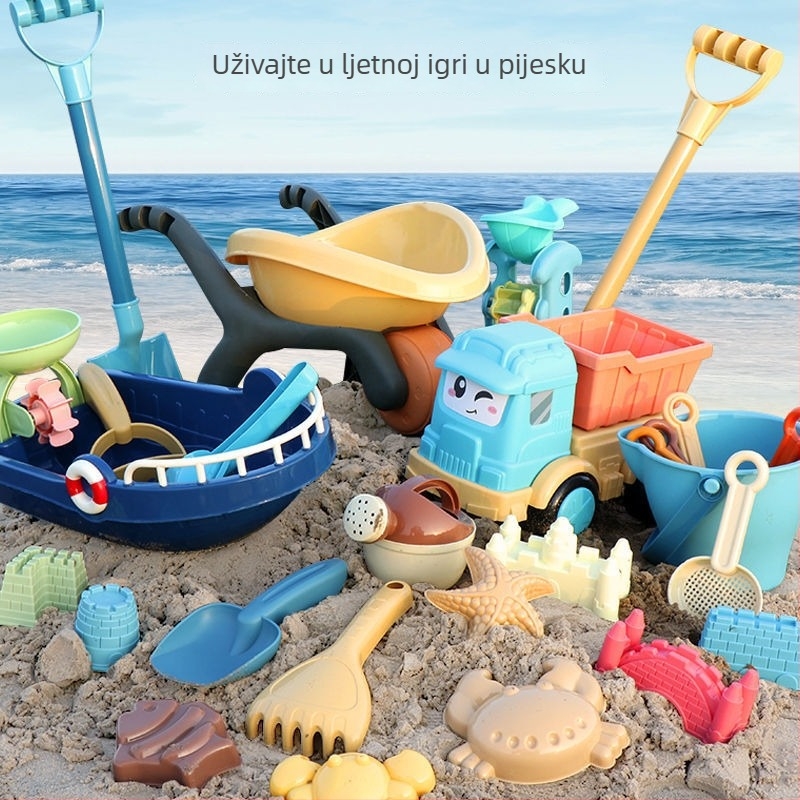 Set igračaka za plažu s lopaticom za pijesak i alatima za kopanje, od plastike, za igru u pijesku i vodi, za djecu 4–6 godina, uključuje kolica za pijesak