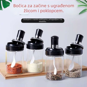 Staklena set posuda za začine: boca za ulje, boca za sojin sos, boca za ocat, posuda za sol i šećer – moderni minimalistički kuhinjski set, ispis logotipa dostupan, mogućnost prilagodbe