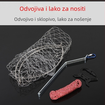 Sklopiva mreža za ribolov od nehrđajućeg čelika, promjer mreže 40–50 cm, dubina mreže 50–60 cm, čvrsta konstrukcija, nosivost do 10 kg.
