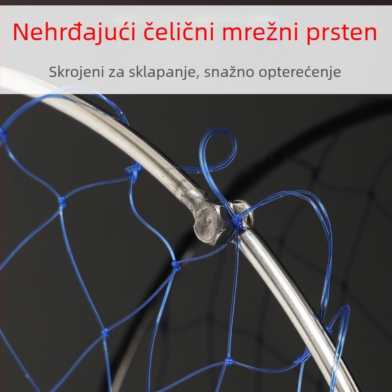 Sklopiva mreža za ribolov od nehrđajućeg čelika, promjer mreže 40–50 cm, dubina mreže 50–60 cm, čvrsta konstrukcija, nosivost do 10 kg.