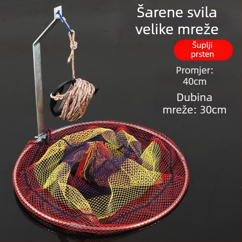 Sklopiva mreža za ribolov od nehrđajućeg čelika, promjer mreže 40–50 cm, dubina mreže 50–60 cm, čvrsta konstrukcija, nosivost do 10 kg.