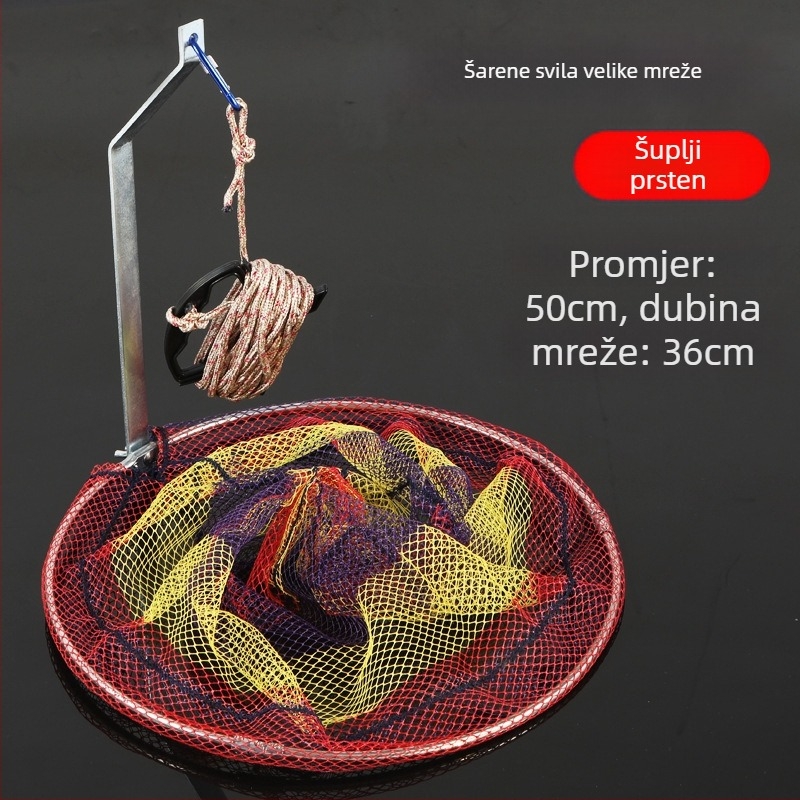 Sklopiva mreža za ribolov od nehrđajućeg čelika, promjer mreže 40–50 cm, dubina mreže 50–60 cm, čvrsta konstrukcija, nosivost do 10 kg.