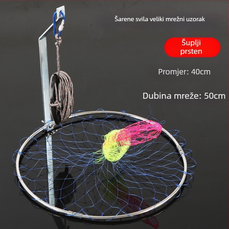 Sklopiva mreža za ribolov od nehrđajućeg čelika, promjer mreže 40–50 cm, dubina mreže 50–60 cm, čvrsta konstrukcija, nosivost do 10 kg.
