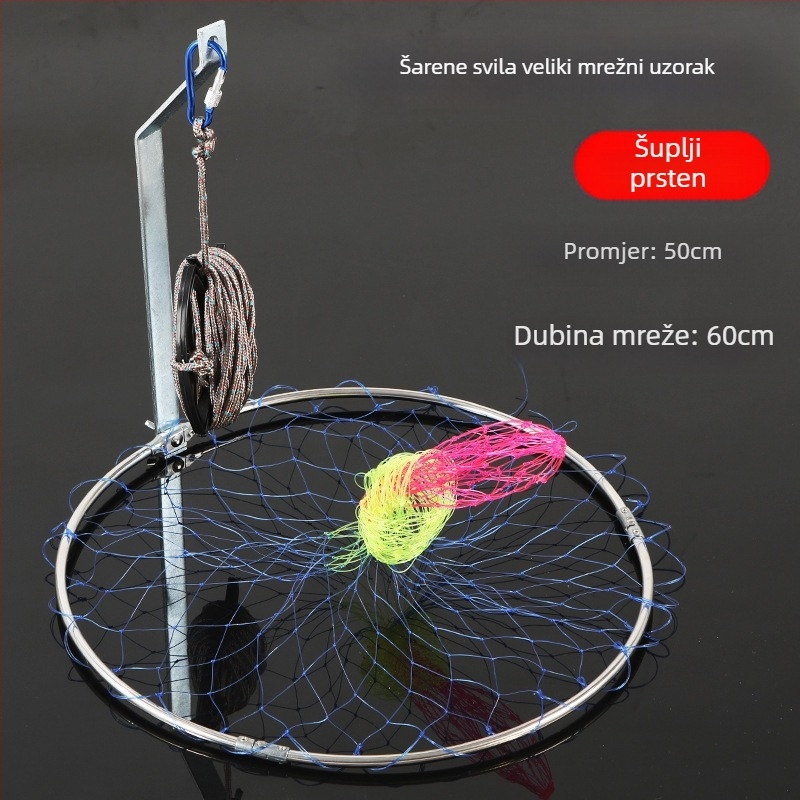 Sklopiva mreža za ribolov od nehrđajućeg čelika, promjer mreže 40–50 cm, dubina mreže 50–60 cm, čvrsta konstrukcija, nosivost do 10 kg.