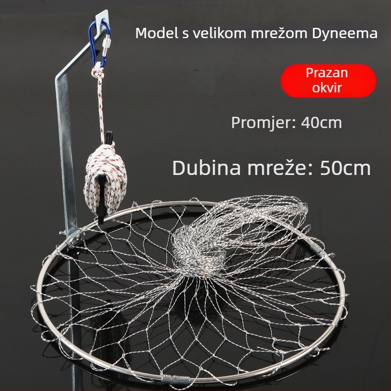 Sklopiva mreža za ribolov od nehrđajućeg čelika, promjer mreže 40–50 cm, dubina mreže 50–60 cm, čvrsta konstrukcija, nosivost do 10 kg.