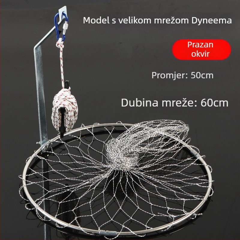 Sklopiva mreža za ribolov od nehrđajućeg čelika, promjer mreže 40–50 cm, dubina mreže 50–60 cm, čvrsta konstrukcija, nosivost do 10 kg.