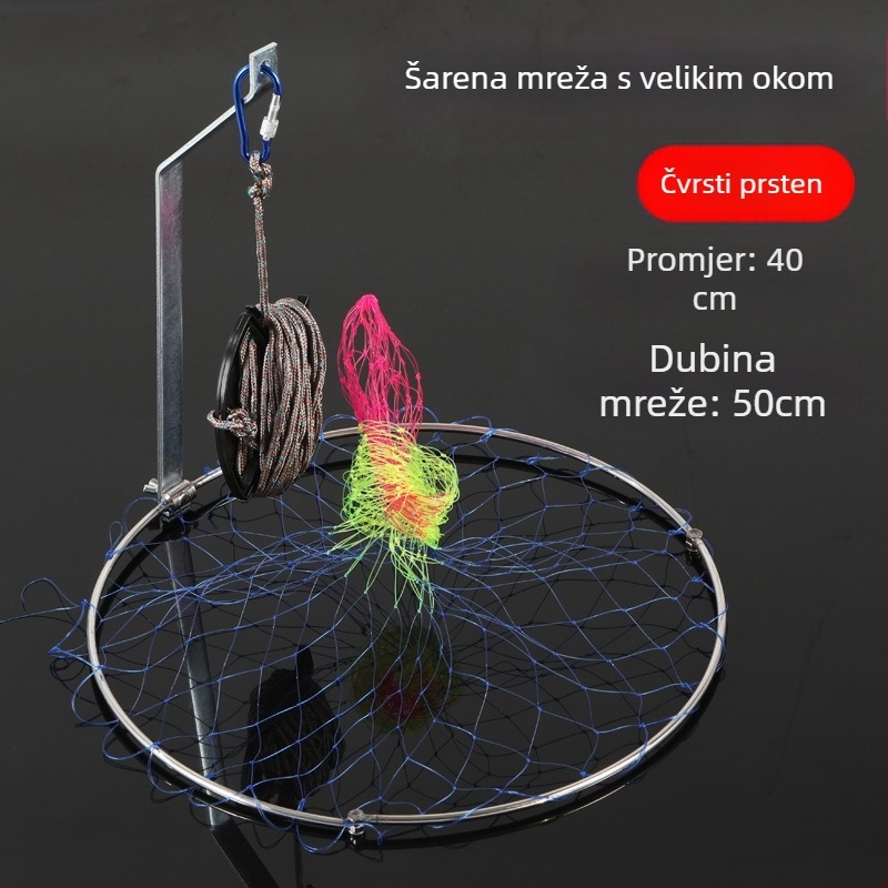 Sklopiva mreža za ribolov od nehrđajućeg čelika, promjer mreže 40–50 cm, dubina mreže 50–60 cm, čvrsta konstrukcija, nosivost do 10 kg.