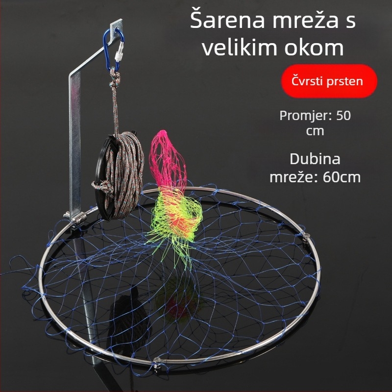 Sklopiva mreža za ribolov od nehrđajućeg čelika, promjer mreže 40–50 cm, dubina mreže 50–60 cm, čvrsta konstrukcija, nosivost do 10 kg.