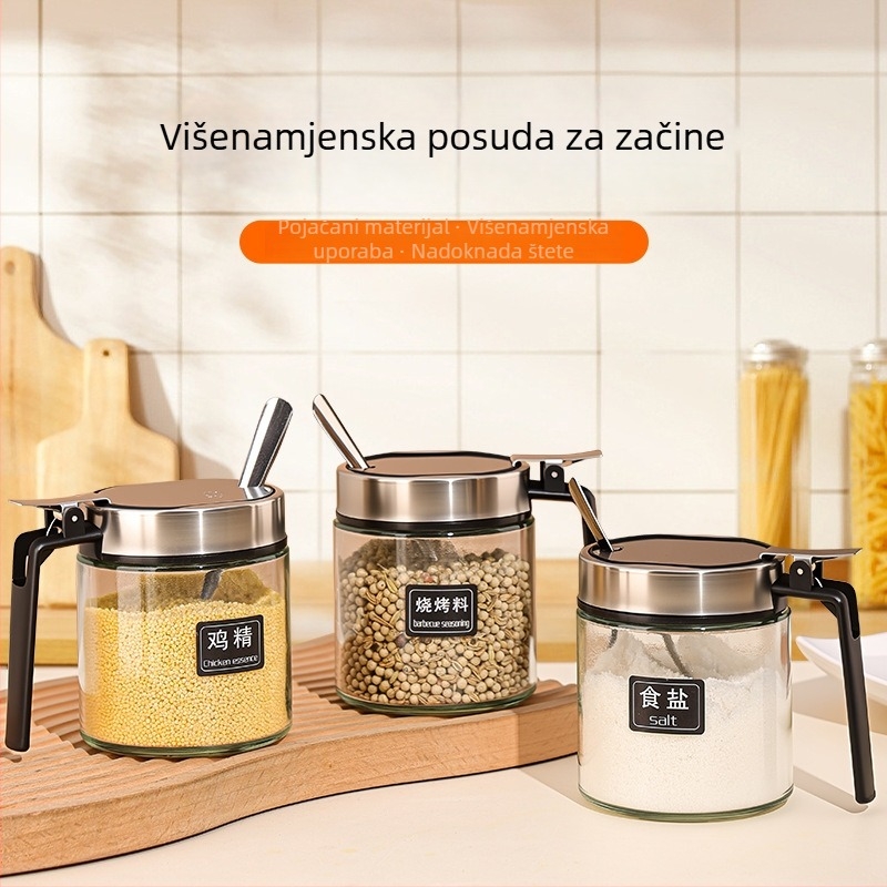 Staklena posuda za začine s nehrđajućim čeličnim okvirom, hermetički zatvara (Materijal: staklo; Okvir: nehrđajući čelik; Zatvaranje: hermetičko; Ispis logotipa: dostupan)