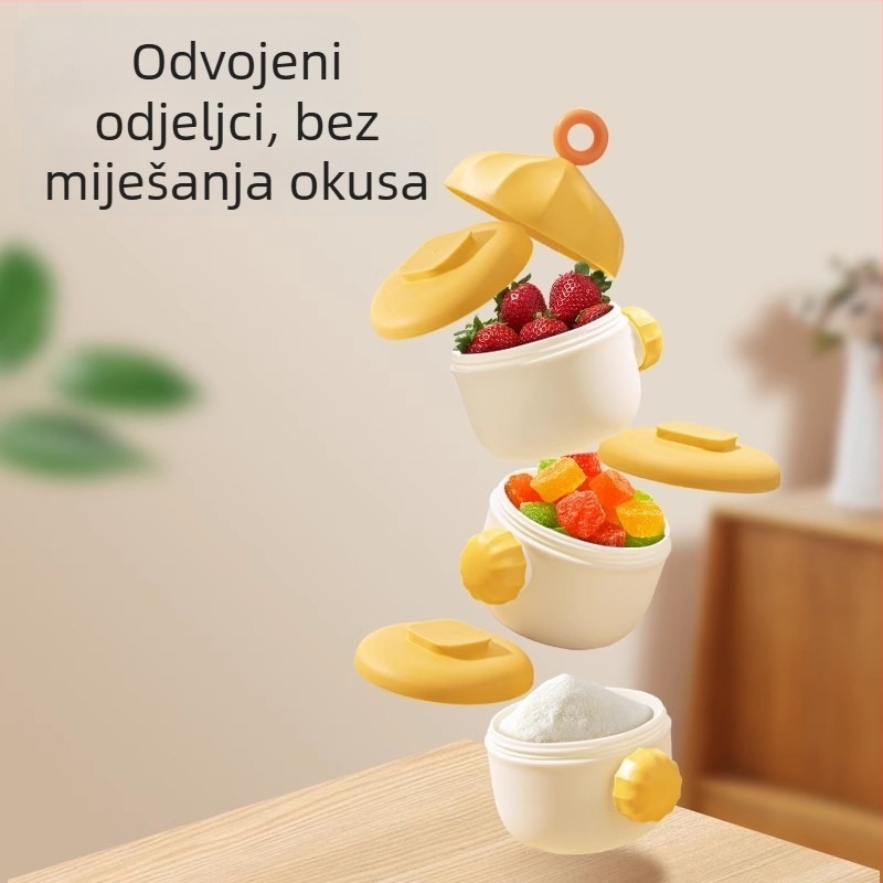 Trioslojna prijenosna kutija za bebi mlijeko u prahu sa hermetičkim skladištenjem, marka Qiqi Bao, za dob 0–3 godine