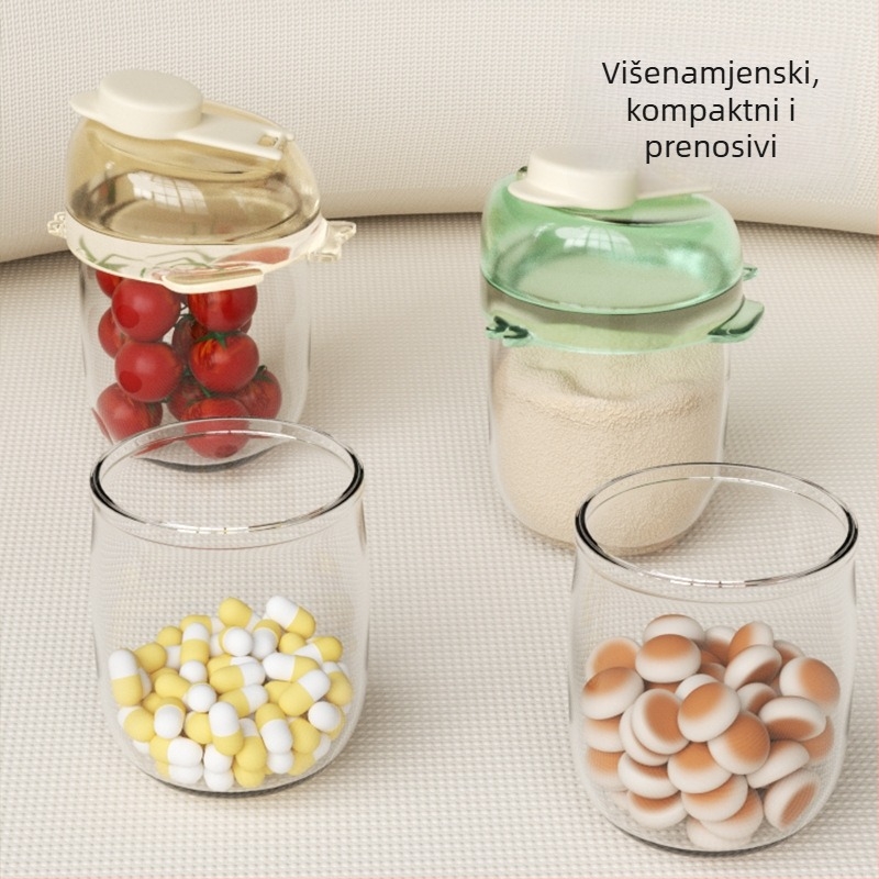 Prenosna kutija za dječju mliječnu formulu s podijeljenim pretincima, zatvoren poklopac, jedna porcija po pretincu, pogodna za novorođenčad do 3 godine