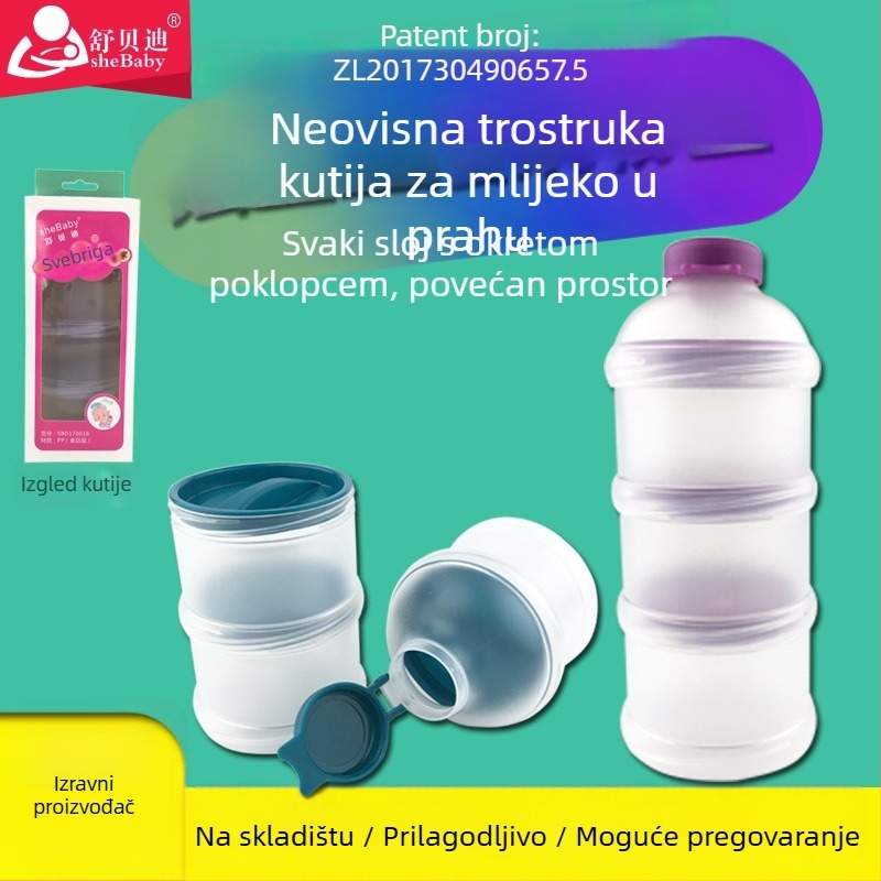 Trostruka kutija za mlijeko u prahu za bebe – prenosna s više odjeljaka za mlijeko u prahu i grickalice, brend Shebaby, za dob 0–3 godine.