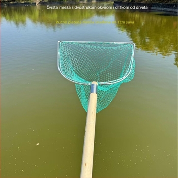 Mreža za ribolov s drvenom ručkom, dvostrana i čvrsta, s finim otvorima; Materijal: ojačani čelik, promjer oka 28–40 cm, dubina mreže 22–60 cm, nosivost 5–30; za akvakulturu i morsku hranu (ribe i škampi)