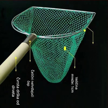 Mreža za ribolov s drvenom ručkom, dvostrana i čvrsta, s finim otvorima; Materijal: ojačani čelik, promjer oka 28–40 cm, dubina mreže 22–60 cm, nosivost 5–30; za akvakulturu i morsku hranu (ribe i škampi)