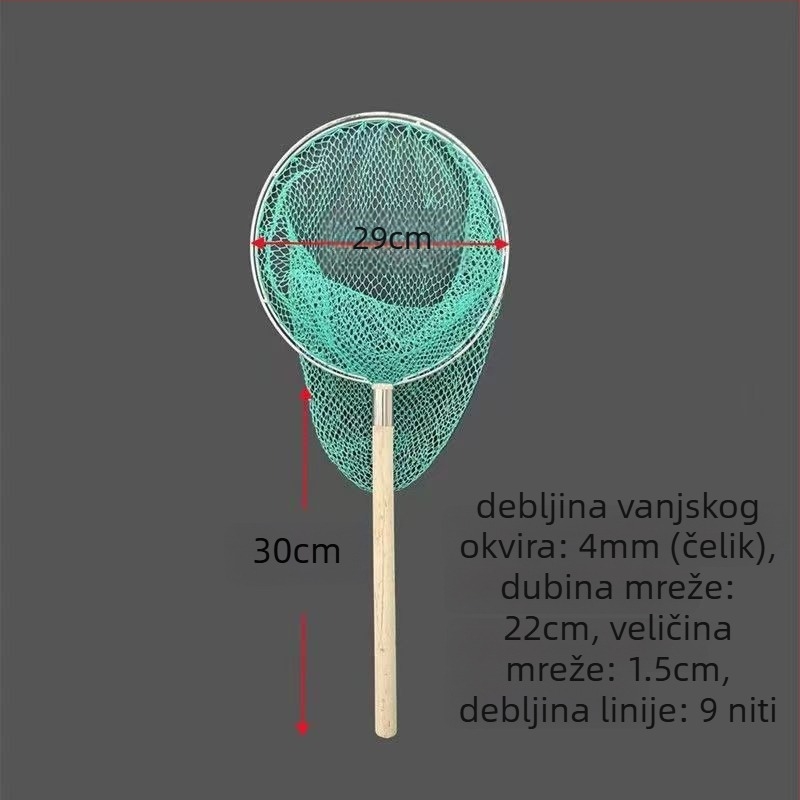 Mreža za ribolov s drvenom ručkom, dvostrana i čvrsta, s finim otvorima; Materijal: ojačani čelik, promjer oka 28–40 cm, dubina mreže 22–60 cm, nosivost 5–30; za akvakulturu i morsku hranu (ribe i škampi)
