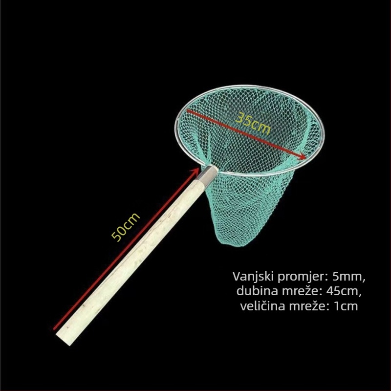 Mreža za ribolov s drvenom ručkom, dvostrana i čvrsta, s finim otvorima; Materijal: ojačani čelik, promjer oka 28–40 cm, dubina mreže 22–60 cm, nosivost 5–30; za akvakulturu i morsku hranu (ribe i škampi)