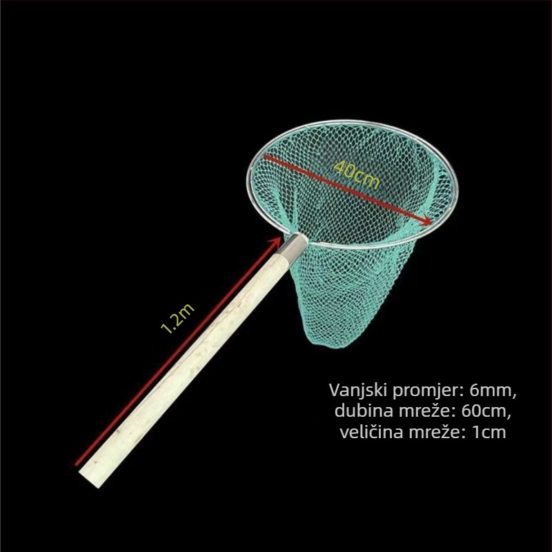 Mreža za ribolov s drvenom ručkom, dvostrana i čvrsta, s finim otvorima; Materijal: ojačani čelik, promjer oka 28–40 cm, dubina mreže 22–60 cm, nosivost 5–30; za akvakulturu i morsku hranu (ribe i škampi)