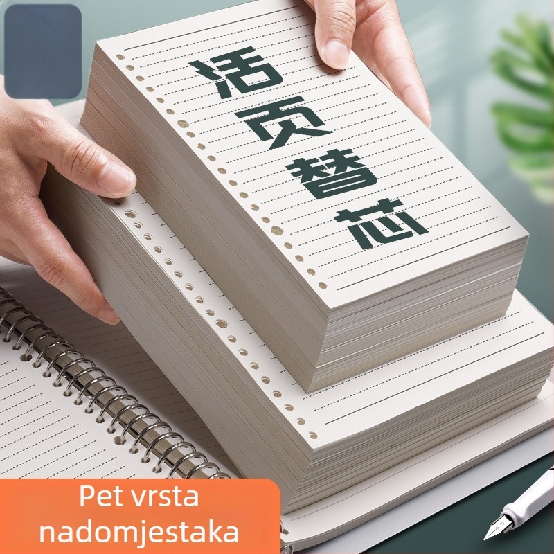 Blok s listovima i jezgrom, 26 kružnih rupa, 60 stranica po knjizi, uklonjive stranice, unutarnje stranice od miješane smjese, formati s linijama i mrežom