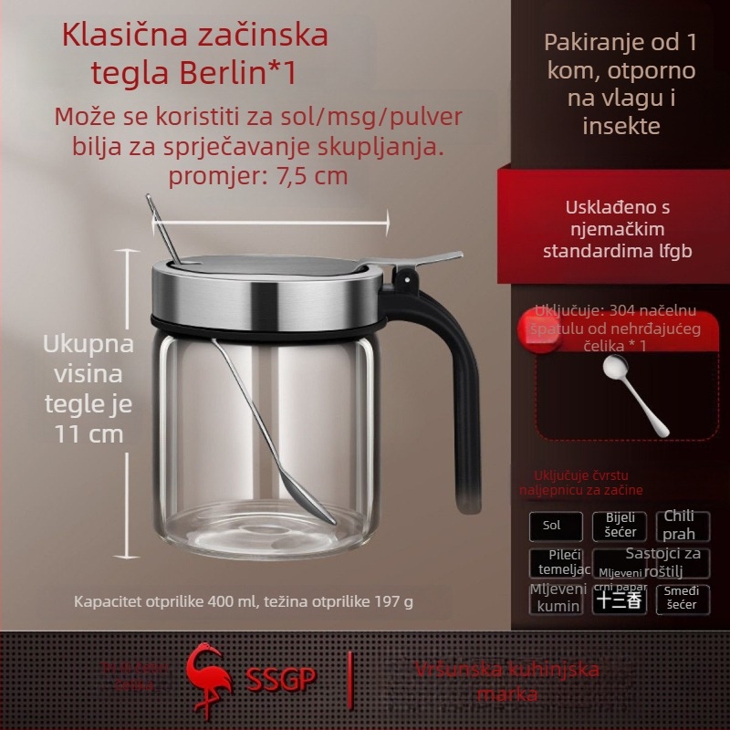 Staklena posuda za začine u kuhinji — otporna na vlagu, za čvrste začine, materijal: austenitni nehrđajući čelik, ABS, staklo