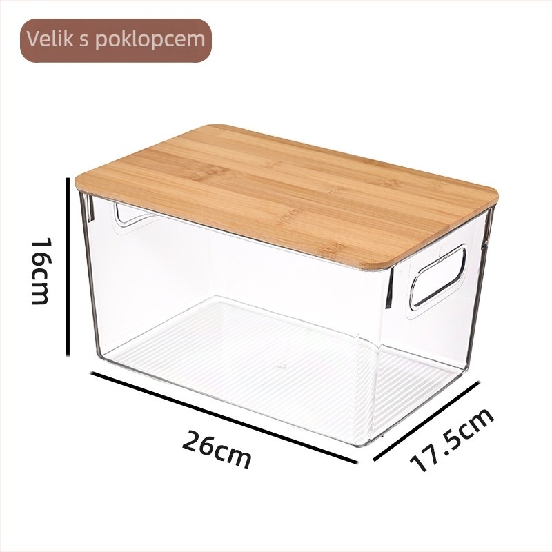 Stolna kutija za skladištenje s poklopcem, prozirna, kapacitet 1 L, model A0146, materijal PET-bambus-drevo, s mogućnošću slaganja, višenamjenska