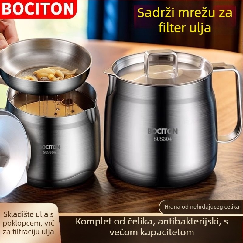 Nehrđajući čelični lonac za ulje s poklopcem i filtrirajućom mrežicom – automatsko otvaranje, moderan jednostavan stil