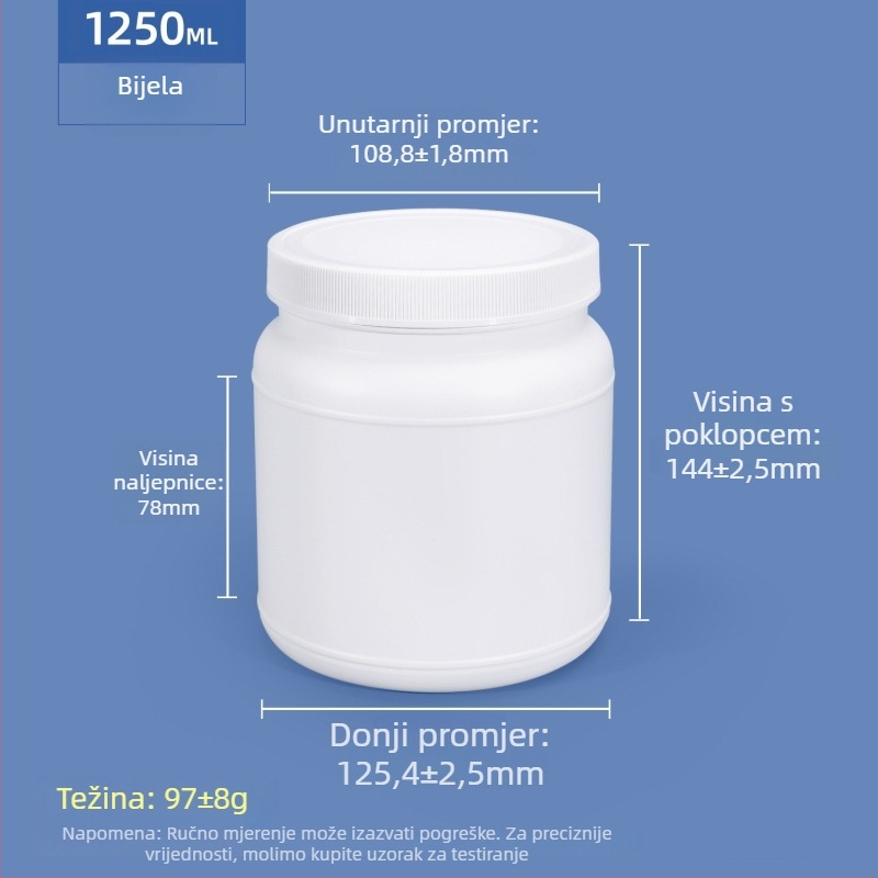 Posuda za proteinski prah, HDPE plasti, vijčano zatvaranje, široki otvor, kapacitet 1250 ml / 1100 ml