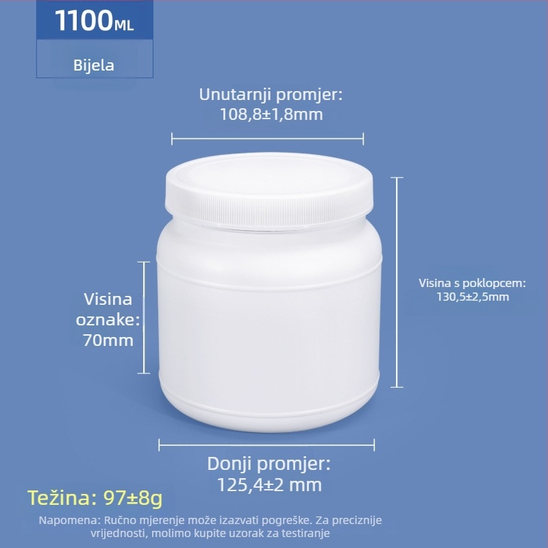 Posuda za proteinski prah, HDPE plasti, vijčano zatvaranje, široki otvor, kapacitet 1250 ml / 1100 ml