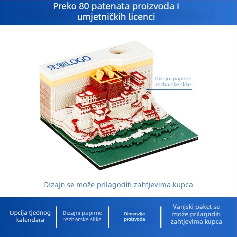 Potala palača 3D pop-up bilježnica – arhitektonska papirna skulptura, prilagodljivo logo, akrilna darovna kutija, 90x90x55 mm