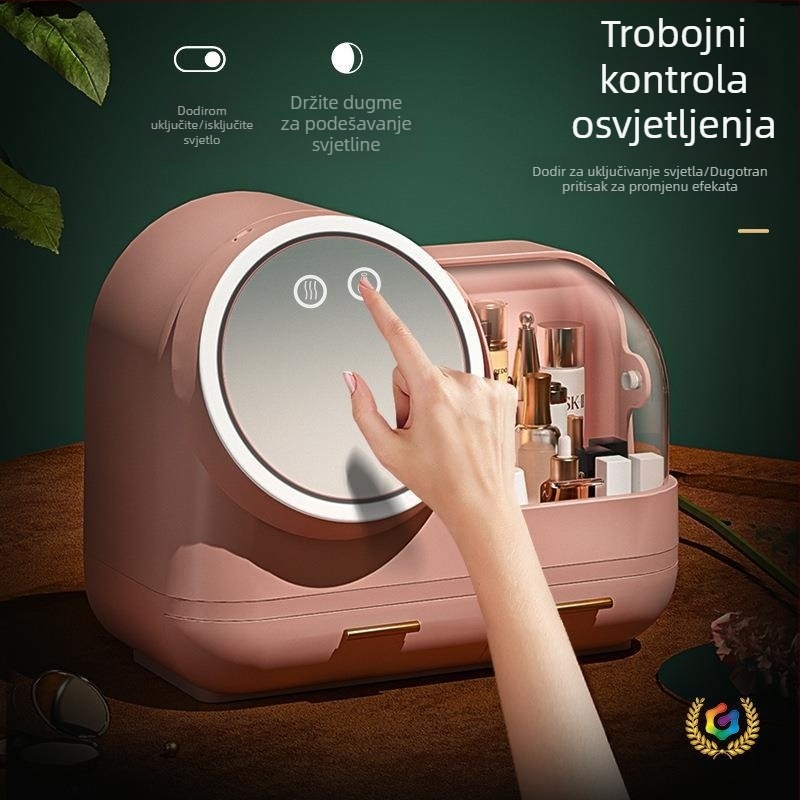 Desktop organizator za kozmetiku s LED ogledalom i ugrađenim ventilatorom, plastično kućište, mogućnost prilagođenog loga