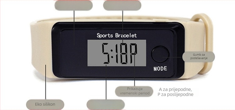 Pedometar sat s LED elektroničkim mehanizmom, digitalni prikaz, kvadratni brojčanik, plastično kućište, silikonska narukvica