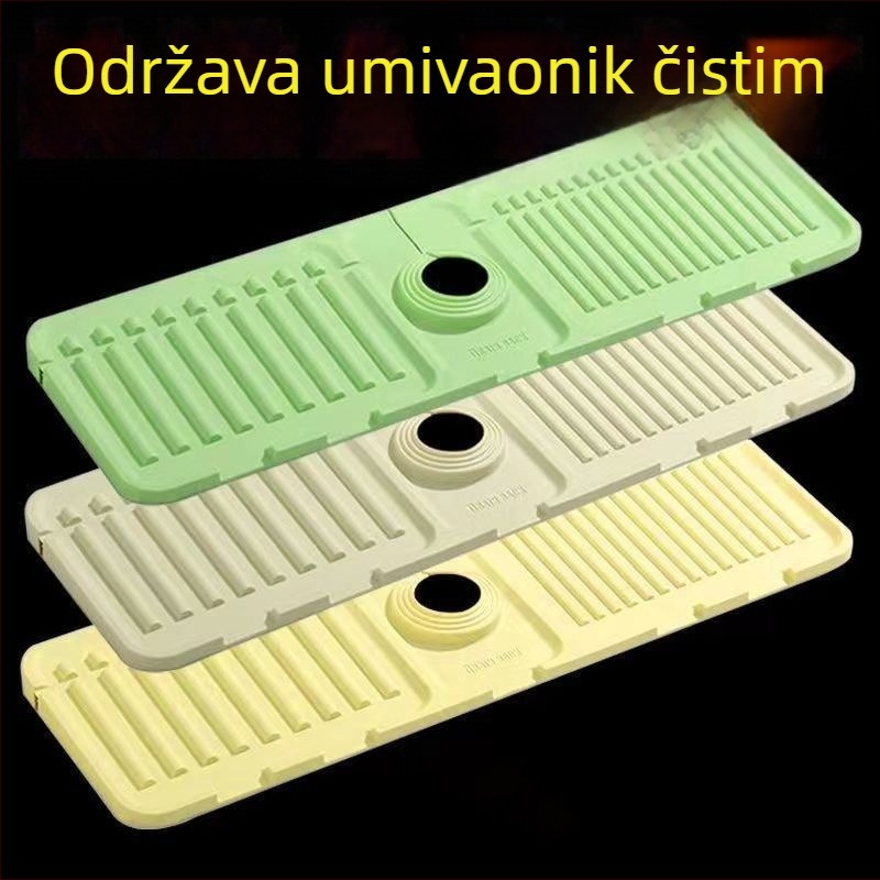 Unaprijeđena silikonska podloga za odvod vode ispod slavine — anti‑klizanje, moderan minimalistički stil, materijal: plastika, kategorija: odvodni tanjur za sudoperu, lansirano jesen 2014.