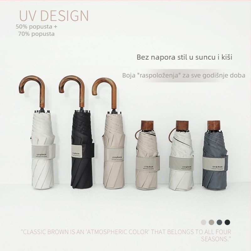 Sklopivi kišobran s zakrivljenim kukom, poliester s vinilnim premazom, 8 čeličnih rebara, UPF 50+