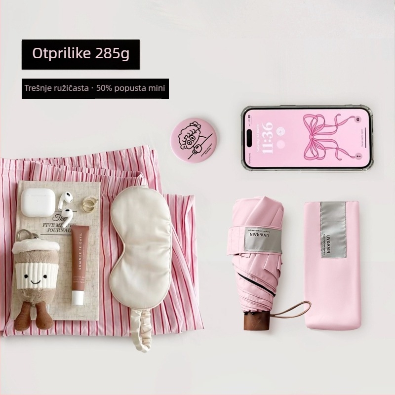 Sklopivi kišobran s zakrivljenim kukom, poliester s vinilnim premazom, 8 čeličnih rebara, UPF 50+