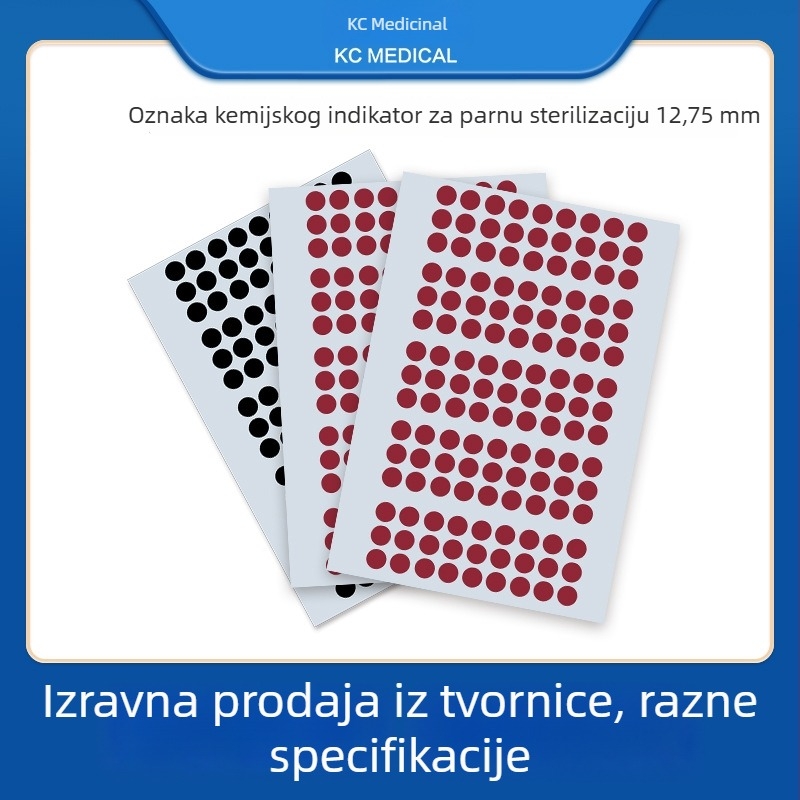 Kaichao indikator za sterilizaciju parom – kružni, sintetički samoljepljivi papir, sitotisk, medicinska uporaba, -45°C do 135°C