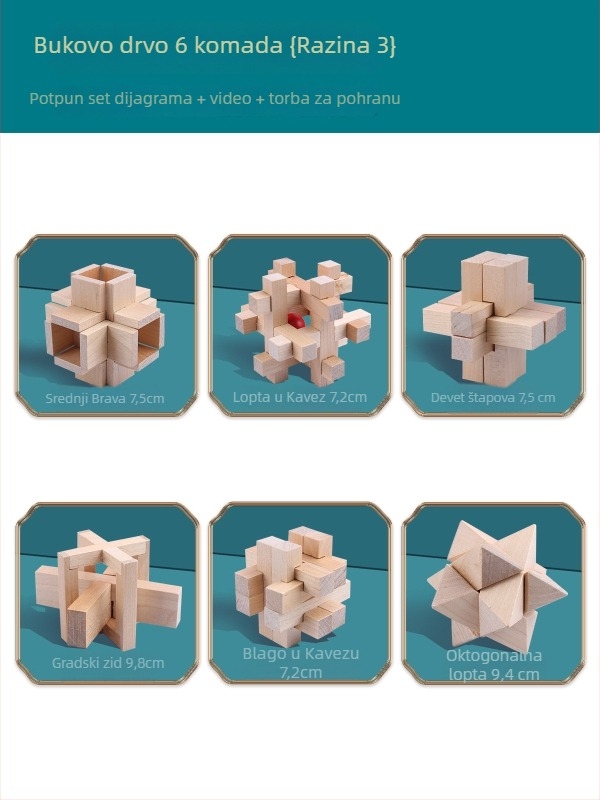 Wisdom Wheel Kong Ming Lock drvena slagalica od 36 komada, za uzrast 7–14 godina, pakiranje: kutija