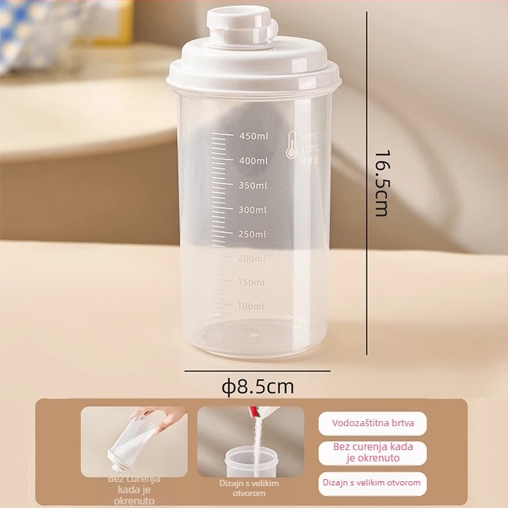 Plastični cilindrični spremnik za suhe namirnice, kapacitet 301–500 ml, moderan minimalistički stil, hermetički zatvoren i otporan na vlagu, nije prikladan za mikrovalnu.